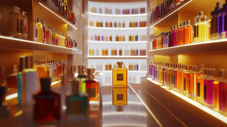 3d render of perfume bottles on shelves in a shop or storeの写真素材