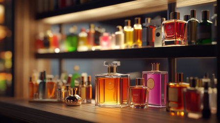 Perfume bottles on shelf in luxury perfume shop. 3d renderingの写真素材