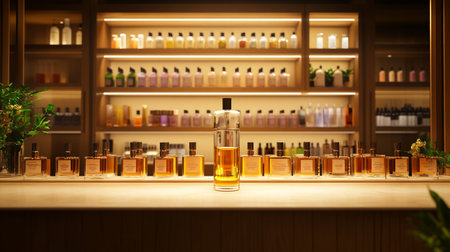 Bottles of perfume on a shelf in a shop. 3d renderingの写真素材