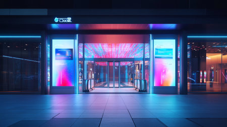 3d rendering, entrance to modern shopping mall at night with neon lightsの写真素材