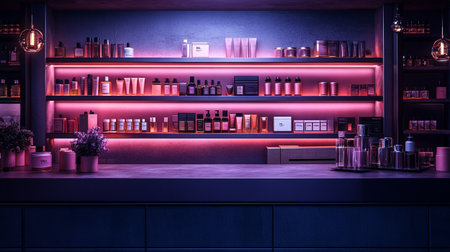 Interior of a modern bar with shelves full of cosmetics and perfumesの写真素材