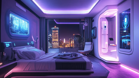 3D rendering of the interior of a modern hotel room with a beautiful night view