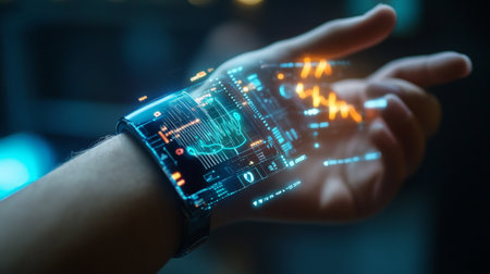 Close up view of human hand with smartwatch on blurred background 3D rendering