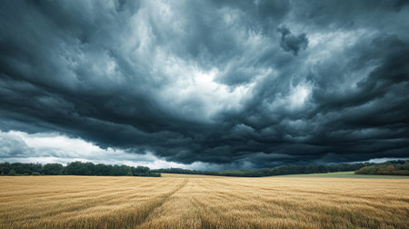 Stormy sky over a wheat field. Dramatic overcast sky.