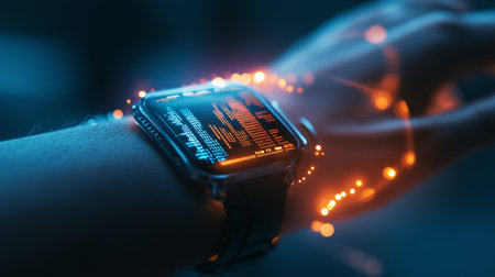 Close up of a smartwatch with a blue display on the screen.の写真素材