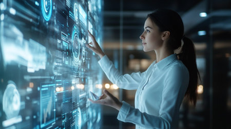 Side view of young businesswoman working with virtual panel in dark officeの写真素材