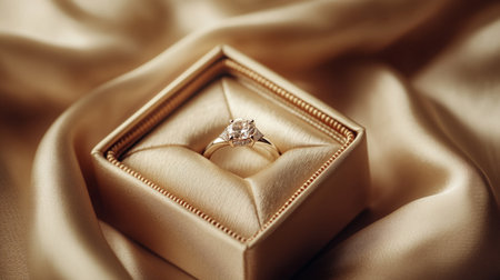 Wedding ring on golden satin background, close-up
