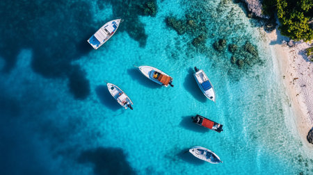 Aerial view of boats in the turquoise sea, Sardiniaの写真素材