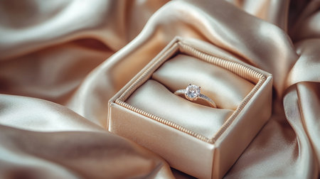 Wedding ring with diamond in gift box on satin backgroundの写真素材