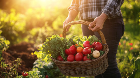 Woman holding basket with fresh vegetables in garden on sunny day, closeup