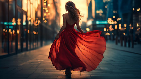 Beautiful young woman in a long red dress in the evening cityの写真素材