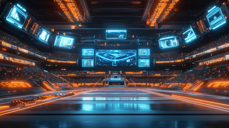 Futuristic spaceship interior with glowing lights 3d rendering mockupの写真素材