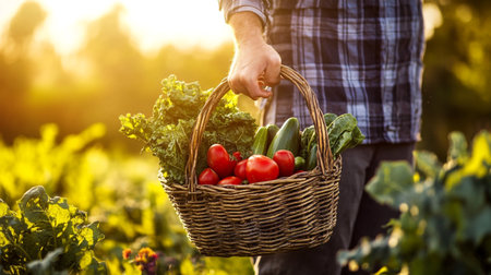 Farmer holding a basket full of fresh vegetables in the garden.