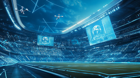 Digital composite of Digital composite image of soccer stadium with blue lights and technology interfaceの写真素材