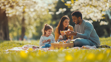 happy family having picnic in blooming garden on spring day, father, mother and daughterの写真素材