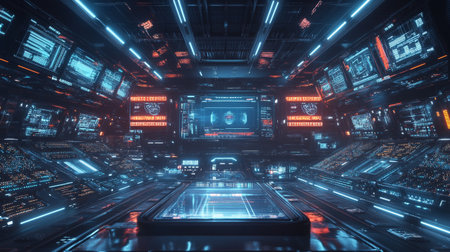 Futuristic dark blue spaceship interior with glowing lights 3D rendering