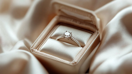 Wedding ring with diamond on white satin background close up