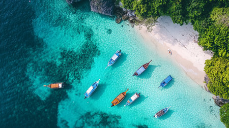 Aerial view of beautiful beach and sea with boat in paradise island