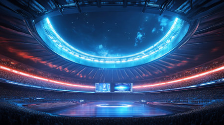 Stadium lights and spotlights in blue tonality. 3D renderingの写真素材
