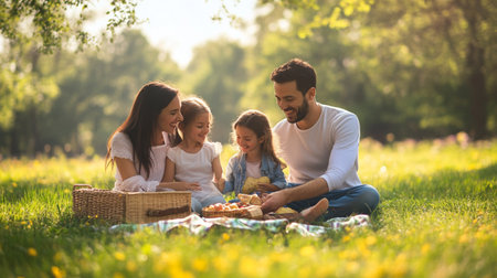 Happy family having picnic in summer park. Mother, father and their little daughters.の写真素材