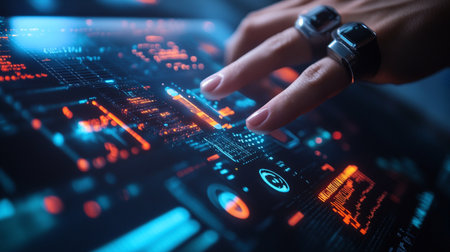 Businessman hand touching virtual screen. Innovation and technology concept. 3D Renderingの写真素材