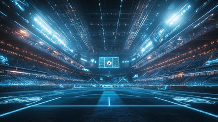 3D rendering. Futuristic soccer stadium or football stadium with neon lights.の写真素材