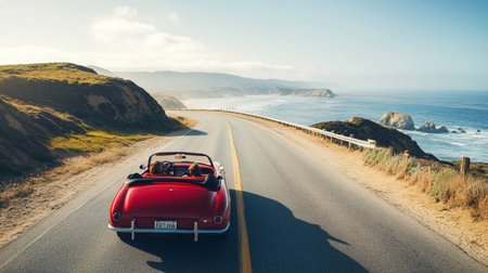 Vintage red car on the road with ocean in the background.