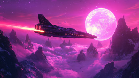 Fantasy alien planet. Flying saucer. 3D illustration.