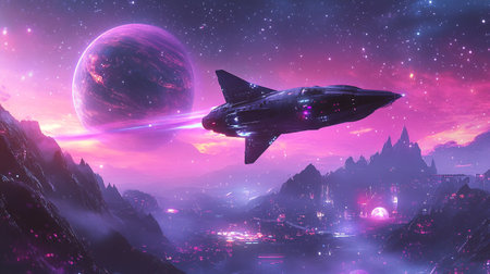 Fantasy alien planet with spaceship. 3D illustration. Fantasy landscape.の写真素材