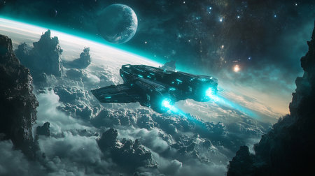 Futuristic spaceship in deep space with planets and stars. 3D rendering