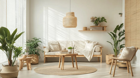Interior of modern living room with sofa, coffee table and plantsの写真素材