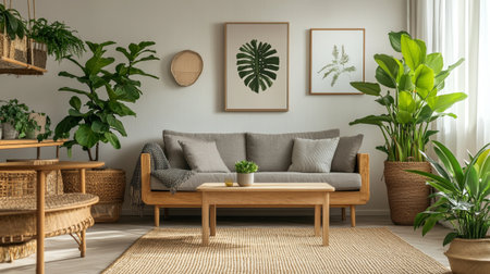 Living room interior with sofa, rattan wicker table, plants and accessories. 3d renderの写真素材