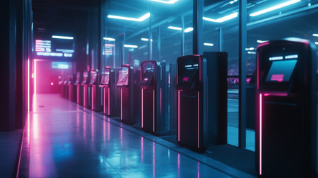 Row of modern automatic self-service check-in kiosks
