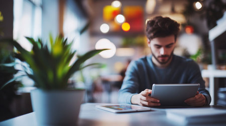 Portrait of young man using digital tablet while sitting in cafe.の写真素材