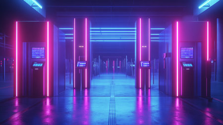 Futuristic corridor with glowing neon lights. 3D Rendering
