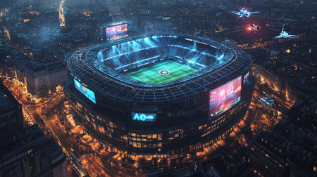 Aerial view of the modern football stadium at night in New York City.の写真素材