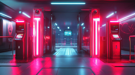 Futuristic corridor with glowing neon lights, 3d render illustrationの写真素材