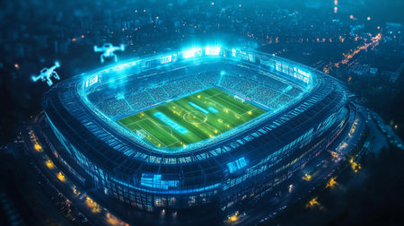 Football or soccer stadium with neon lights 3D renderingの写真素材