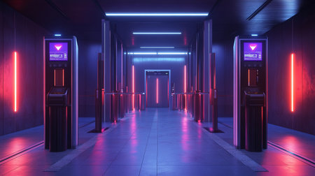 3D rendering of a futuristic hallway with neon lights and an elevator