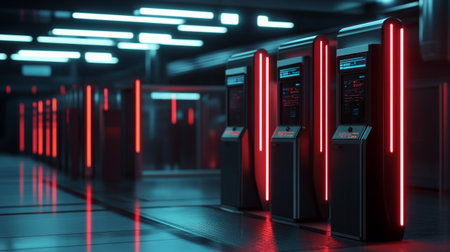 3d rendering of server room in data center with red glowing lights