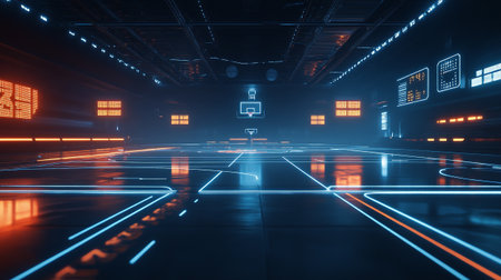 Futuristic dark indoor area with glowing neon lights, 3d rendering