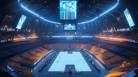3D rendering of a large sports stadium with floodlights and VIP boxesの写真素材