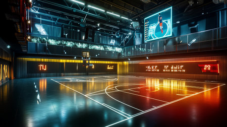 Futuristic indoor basketball court with neon lights. 3d renderingの写真素材