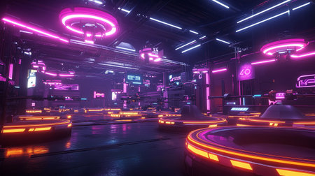 Futuristic interior with glowing neon lights. 3d rendering.