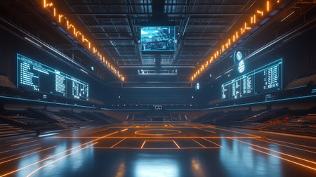 Futuristic spaceship interior with neon lights. 3D Renderingの写真素材
