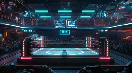 3D rendering of a boxing ring in a sports arena with neon lightsの写真素材