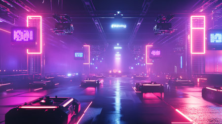 Futuristic night club with neon lights. 3d rendering.の写真素材