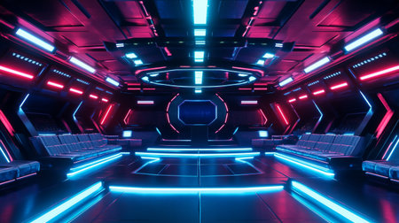 3D rendering of Futuristic Sci-Fi Spaceship Interior with Neon Lights