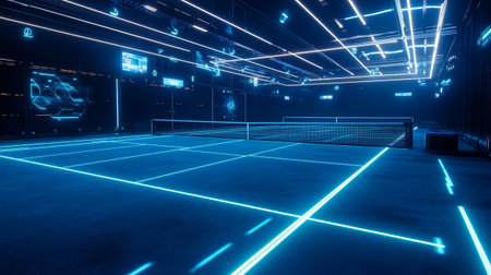 3D rendering of an empty tennis court in a futuristic building with neon lights