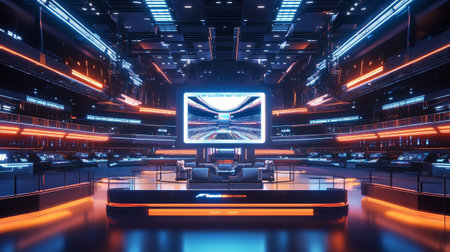 3d render. Futuristic interior of a spaceship with neon lights